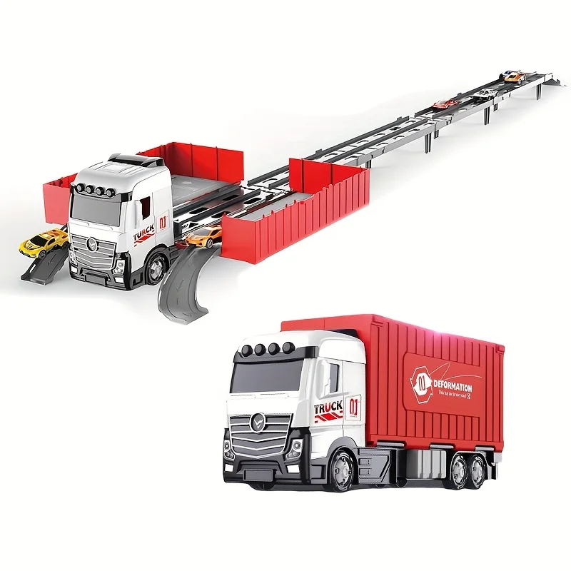 (vermelho) Caminhão De Brinquedo Transformável Com Esteiras E Mini Carros.