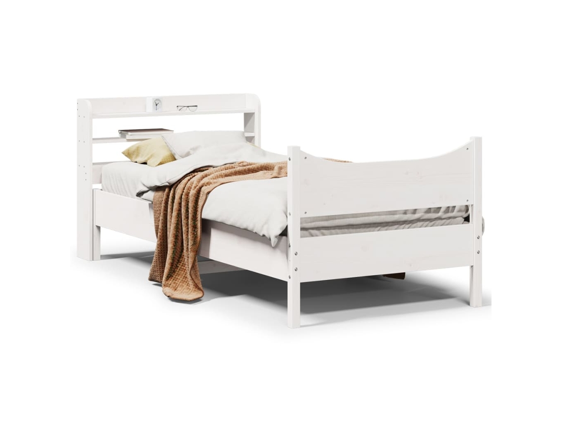 Estrutura De Cama Com Cabeceira 100x200cm Pinho Maciço Branco