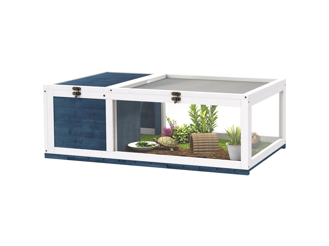 Recinto de Madeira da Casa da Tartaruga com Casas Principais: Topo Articulado 91x60,5x32 Cm, Azul