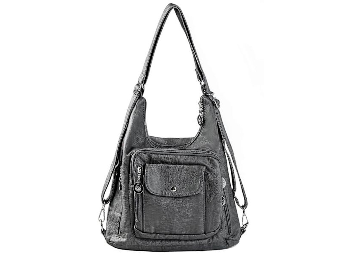 Bolsa Feminina Estilo Hobo, Tote, Ombro, Mensageiro Multifuncional em Couro Macio Lavado, Cor Cinza AQUAFORGE
