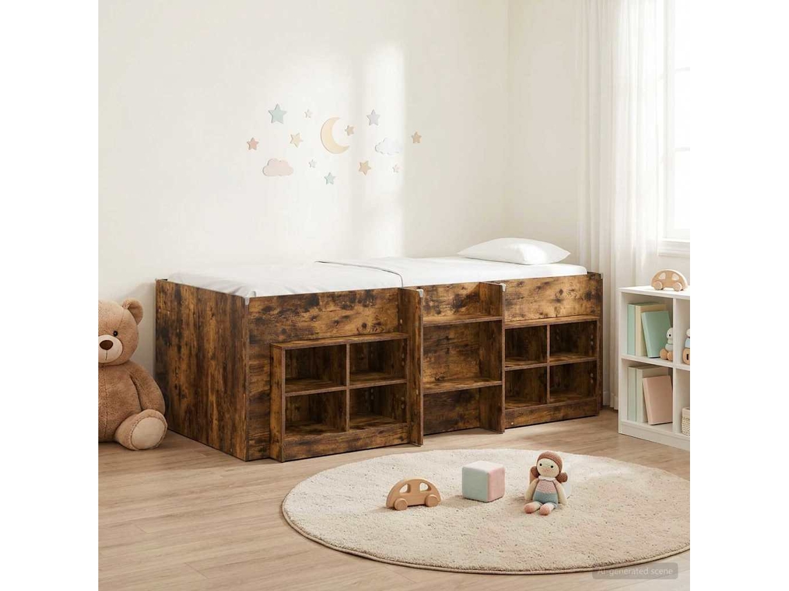 Vidaxl Cama Loft Com Armário Com Prateleira 3 Unid. Carvalho Fumado