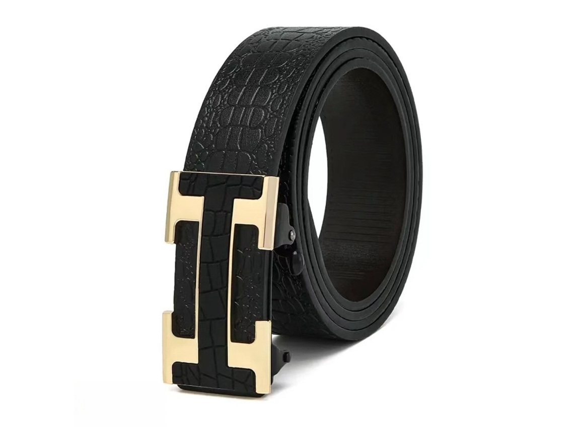 Cinto Masculino Couro Legítimo Acabamento Crocodilo Preto Fivela Automática 110cm, Estilo Business, Presente Requintado Ocasiões Especiais STELASPLEN