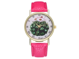 Relógio de quartzo unissex com pulseira de couro PU, mostrador com desenho de cacto, nas cores vermelho e rosa.
