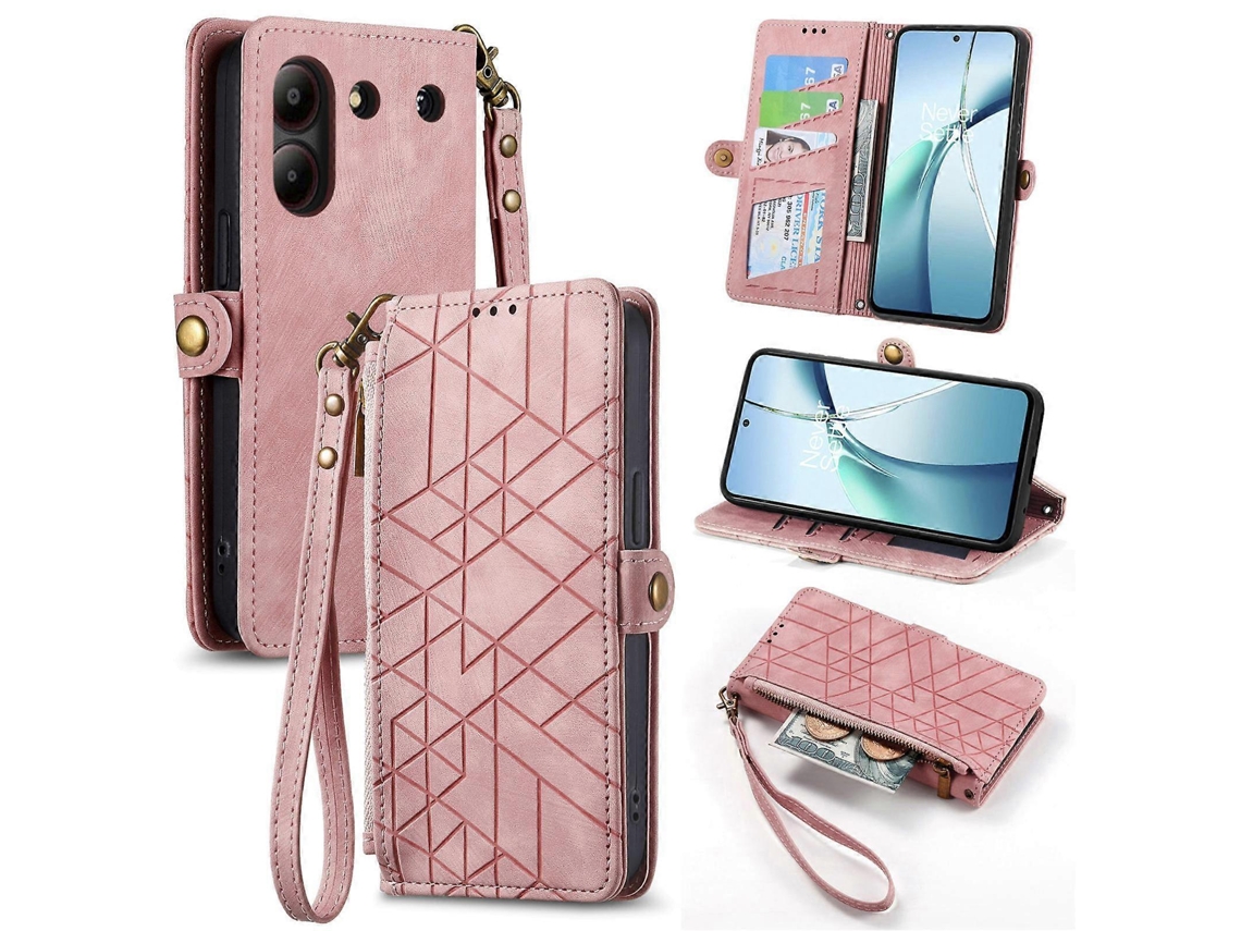 Capa De Celular De Couro Com Zíper Geométrico E Fivela Lateral