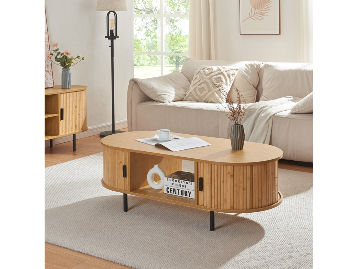 Mesa de Centro Tvedestrand com Portas de Bambu 120X55X40Cm Natural/Preto [EN.CASA]