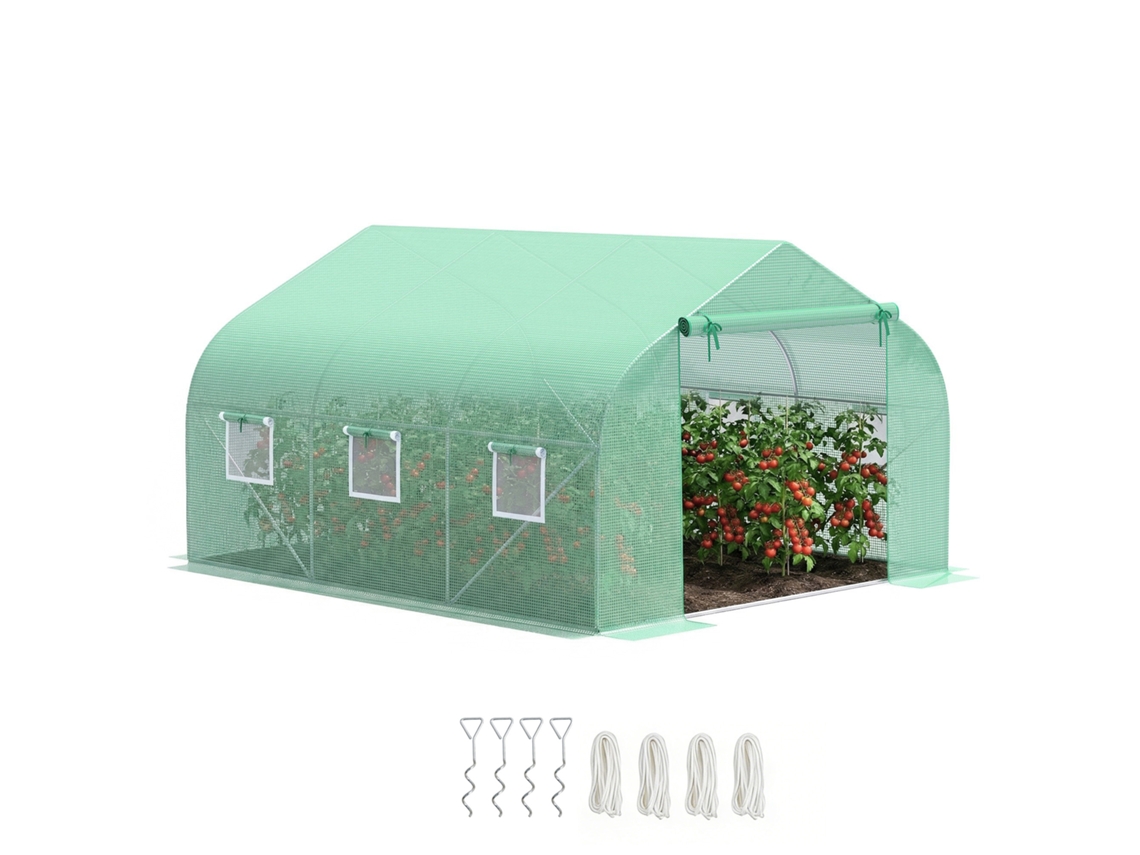 Serra Giardino 3,5x3x2m com Telhado Inclinado,porta e 6 Janelas verde BTFORUS