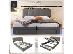 Cama Estofada 140x200 Cm, Elevação Hidráulica, Usb-c, Sem Colchão, Baú Multifuncional, Luz Led, Controle Por Botão Ou App, Linho Cinza.