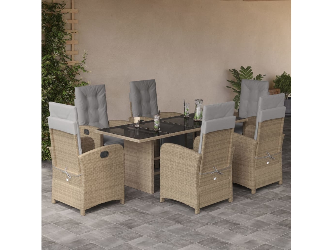 7 Pcs Conjunto De Jantar P/ Jardim Com Almofadões Vime Pe Bege Dkd Home Decor