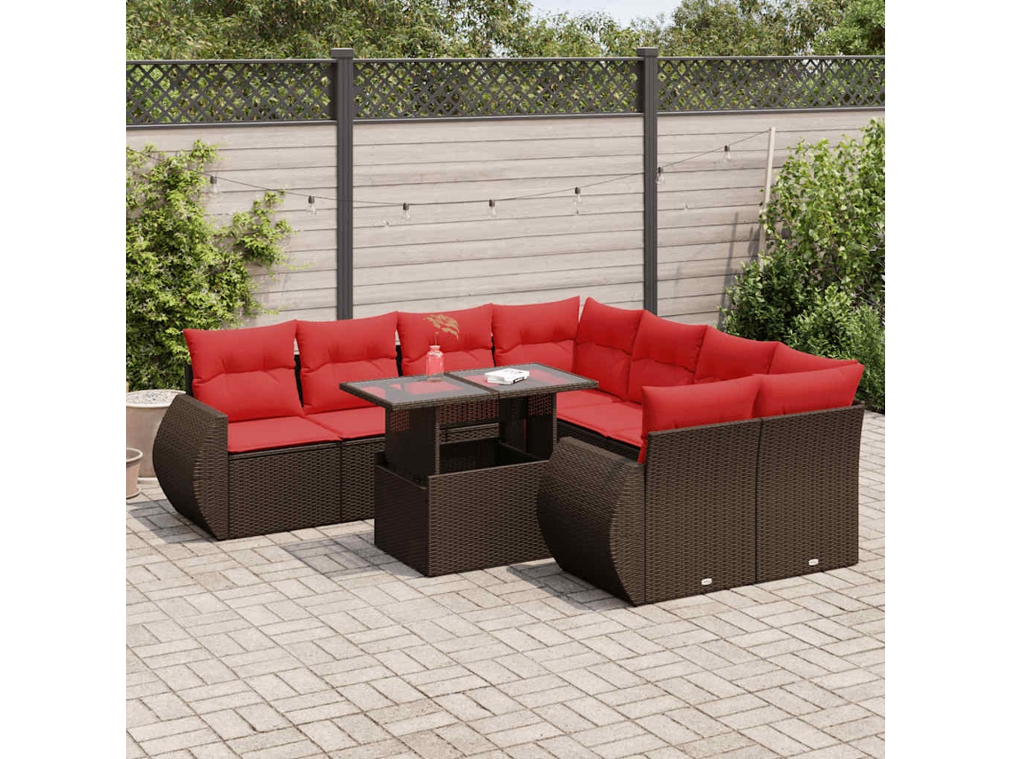 Vidaxl 9 Pcs Conj. Sofás Jardim C/ Almofadões Vime Pe/acácia Castanho