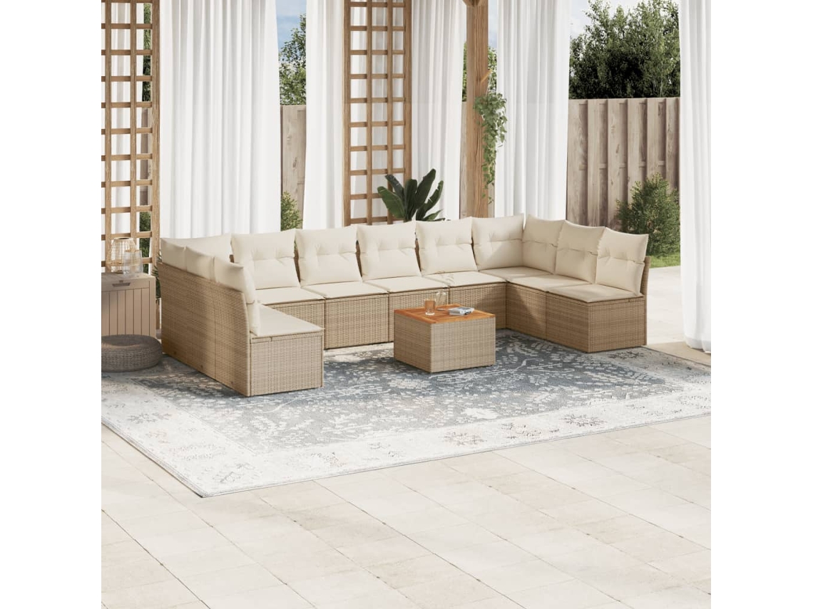 11 Pcs Conjunto Sofás De Jardim C/ Almofadões Vime Pe Bege Dkd Home Decor
