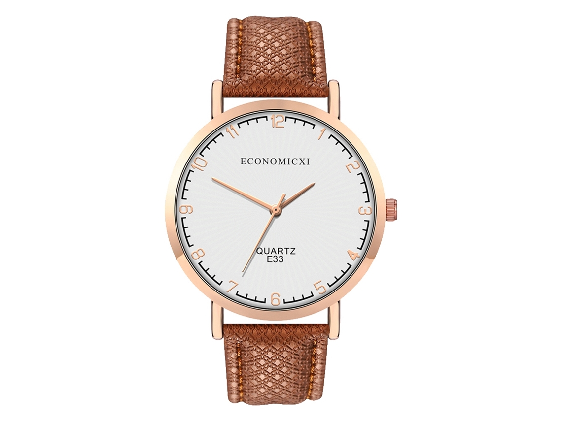Relógio de Pulso de Quartzo Unissex com Pulseira Pu Mostrador Redondo Branco Marrom