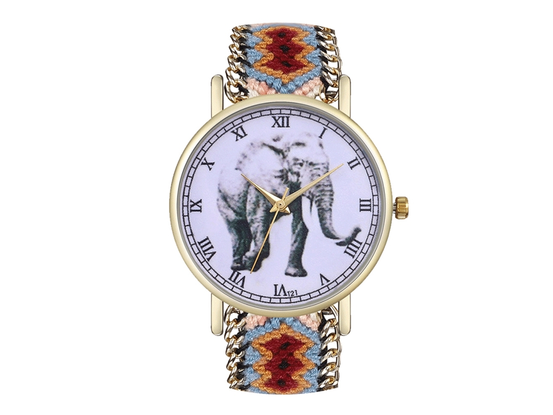Relógio de Quartzo com Pulseira de Cuerda Textil Tecida Padrão de Elefante Estilo Simples