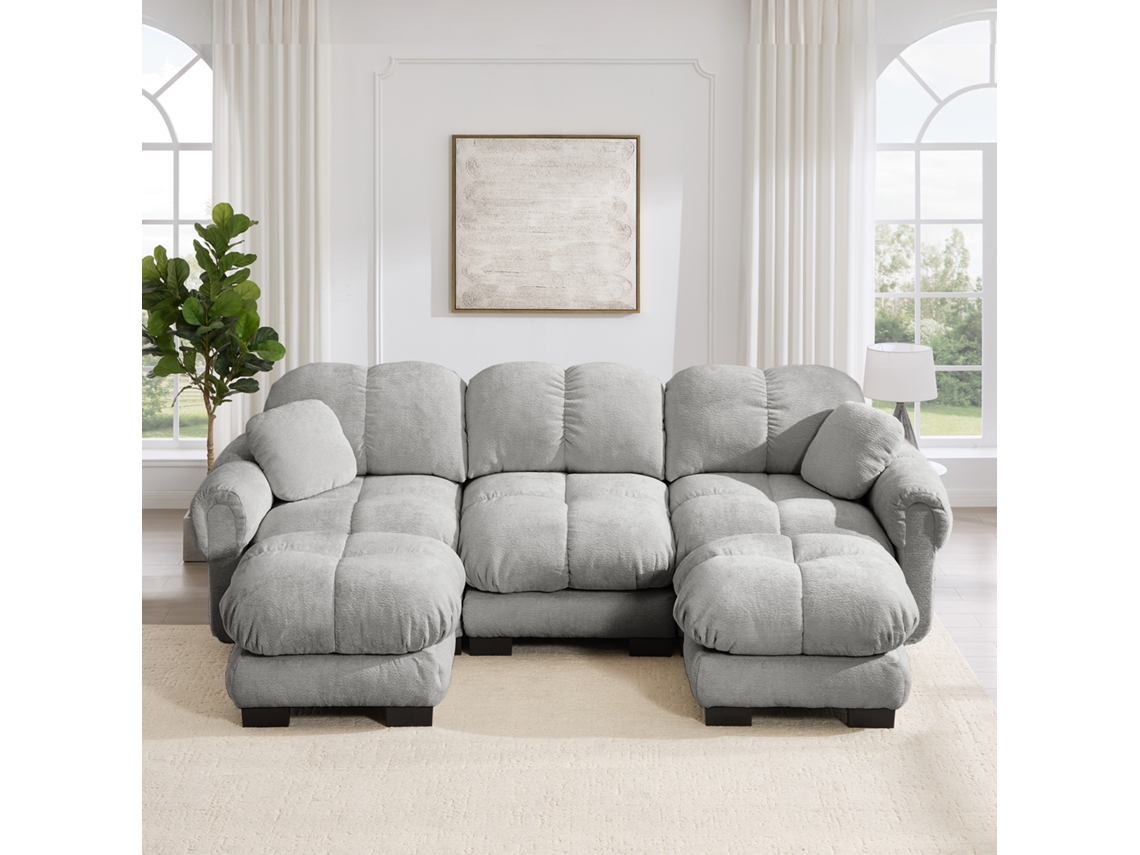 Sofá 3 Lugares Em Forma De U, Estofado Em Chenille, Design Acolchoado, Assentos Espessos, Cinza Claro