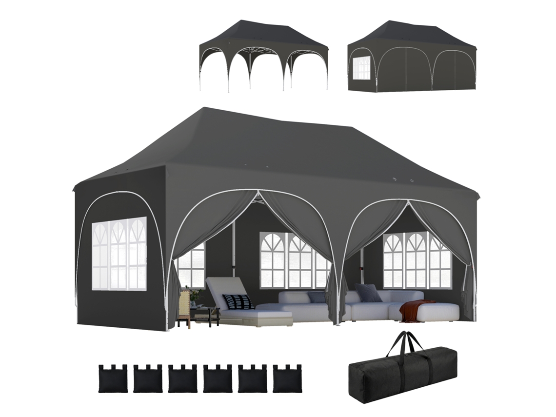 Gazebo/tenda Dobrável, Impermeável E Resistente Aos Raios Uv, Com 6 Painéis Laterais, 6 Sacos De Areia E 12 Orifícios De Drenagem, 3x6m, Cinza.