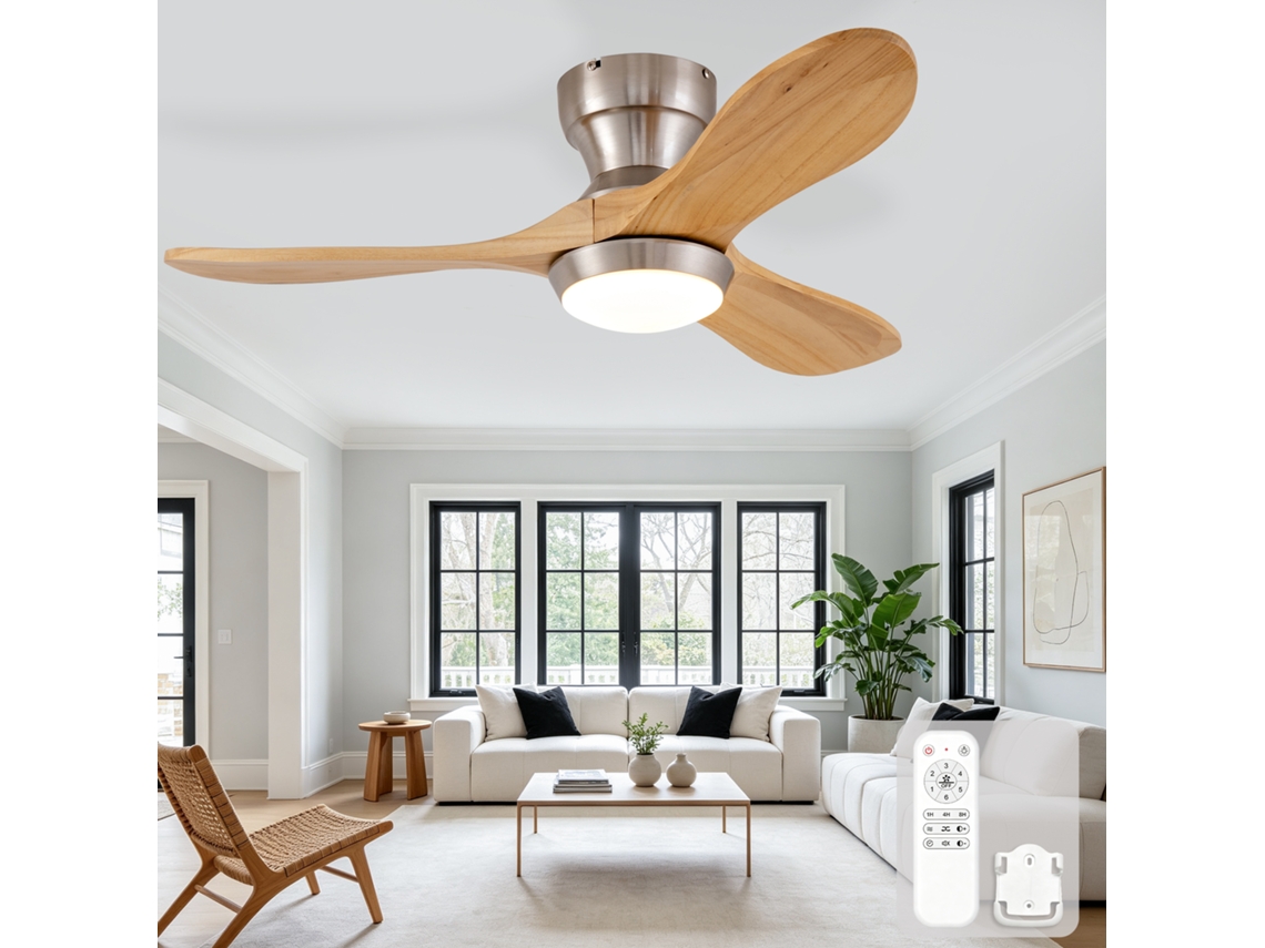 Ventilador De Teto Embutido 36 Polegadas Com Luz Led, Três Pás De Madeira Curvas, 3cct E Seis Velocidades