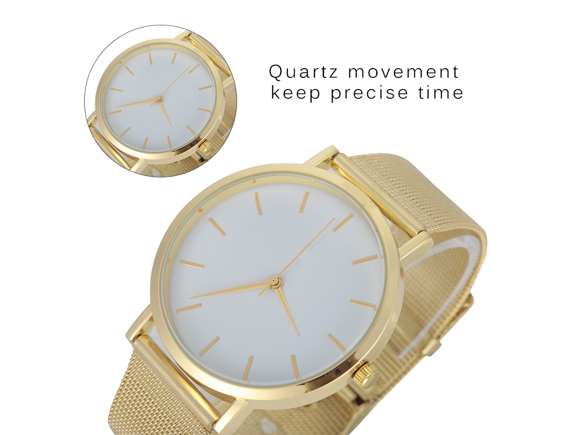 Reloj Analógico Unisex De Acero Inoxidable Con Correa De Malla Oro Cuarzo