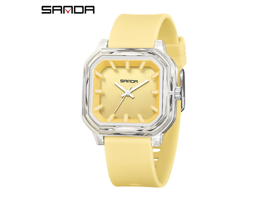 Relógio de Quartzo MDUG quadrado, design simples, marcadores tridimensionais, à prova d'água, feminino amarelo transparente