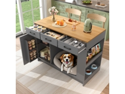 Ilha Cozinha 120*60*90cm, 3 Gavetas, 1 Suporte Temperos, Prateleiras Ajustáveis/duplas, Armazenamento Pets, Cinza-lb