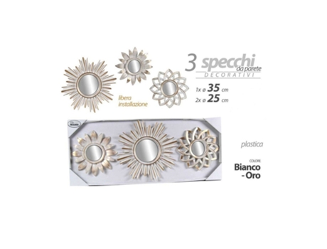 Conjunto 3 peças espelhos decorativos de parede ouro branco 25/35cm espelho plástico 823923