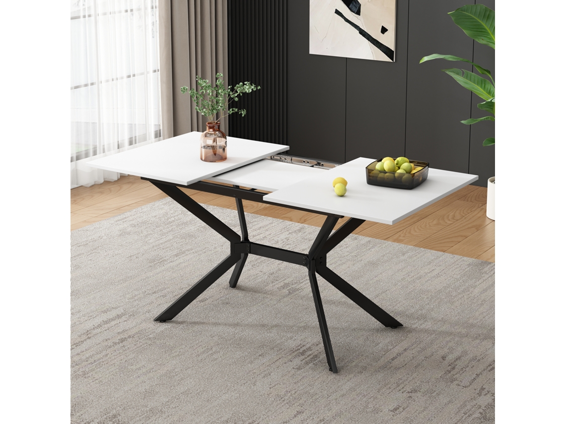 Mesa De Jantar Branca Extensível 120/160*80cm, Pernas De Mesa De Metal Preto, Mesa Retangular Branca, Adequada Para Quatro A Seis Pessoas-mh