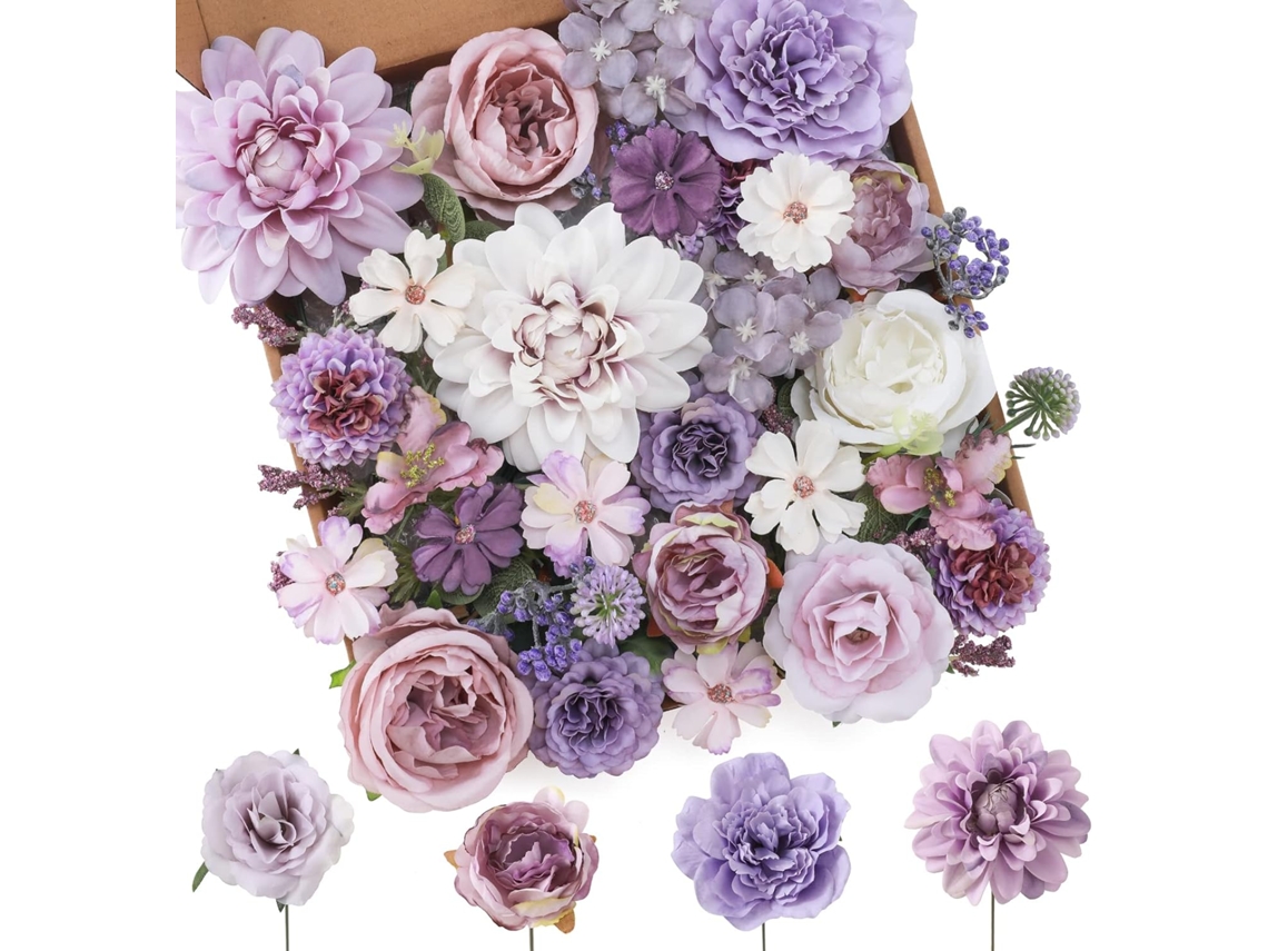Combinação de Flores Artificiais, Mix de Flores Roxas, Dálias e Rosas de Seda com Hastes, para Casa e Casamento AQUAFORGE