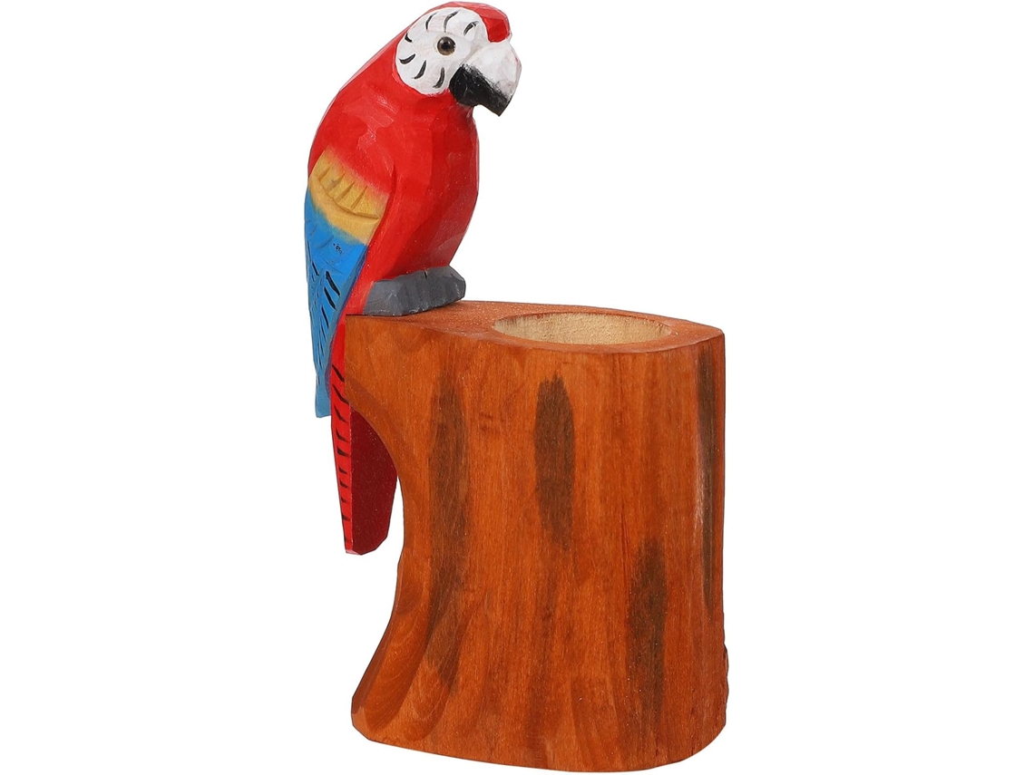 Porta lápis Stobaza em Madeira Entalhada com Design de Papagaio Vermelho, Organizador Canetas Decorativo Retrô