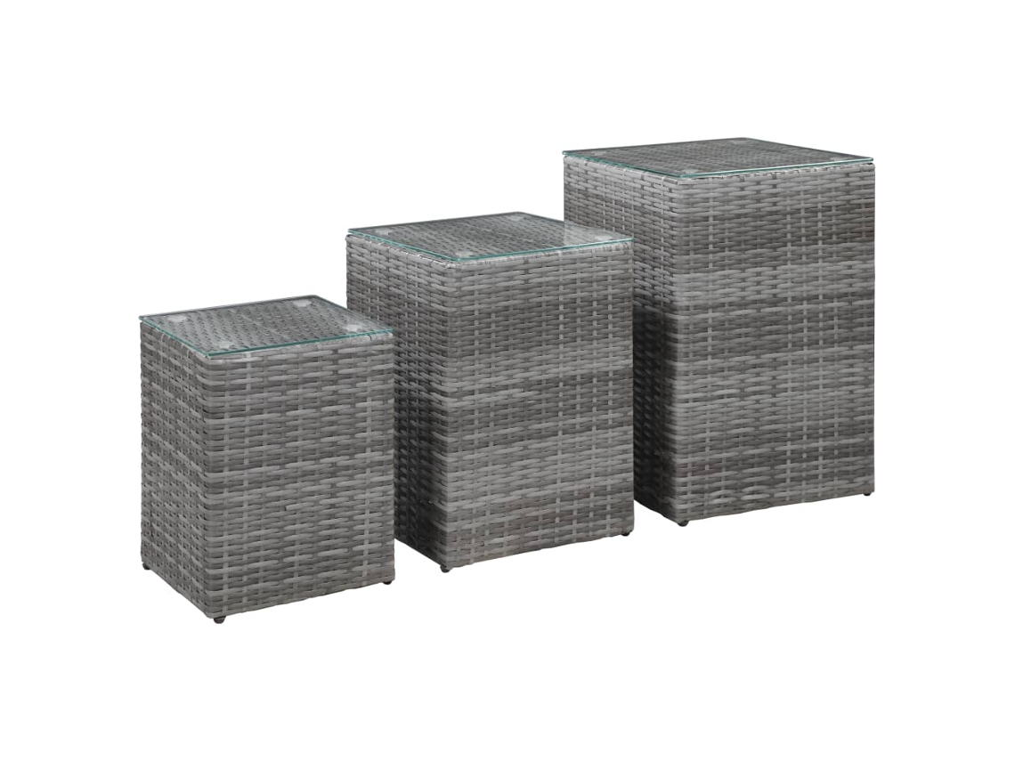 Vidaxl Mesas De Apoio Com Tampo De Vidro 3 Pcs Vime Pe Cinzento