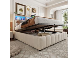 Cama Casal 180x200cm Com Led, Usb E Cabeceira Armazenável Hidráulico, Tecido Linho Bege Ehstmind