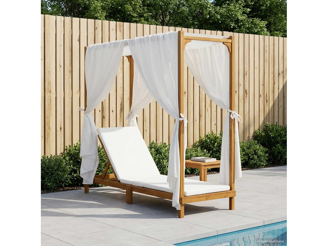 Vidaxl Cama De Sol Única Com Toldo E Cortinas Madeira Sólida De Acácia