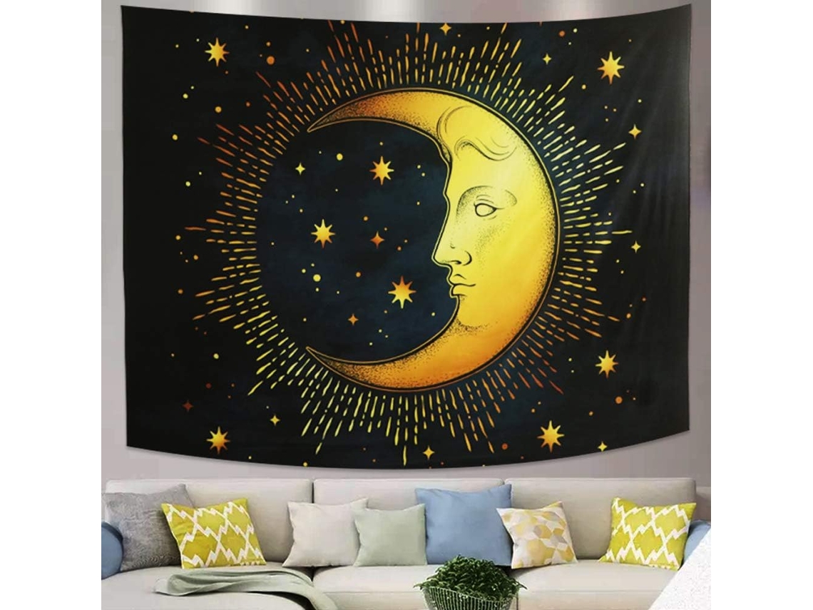 Popular Decoração de Parede Psicodélica em Preto e Azul com Estrela Lua Crescente BRILVIBERA
