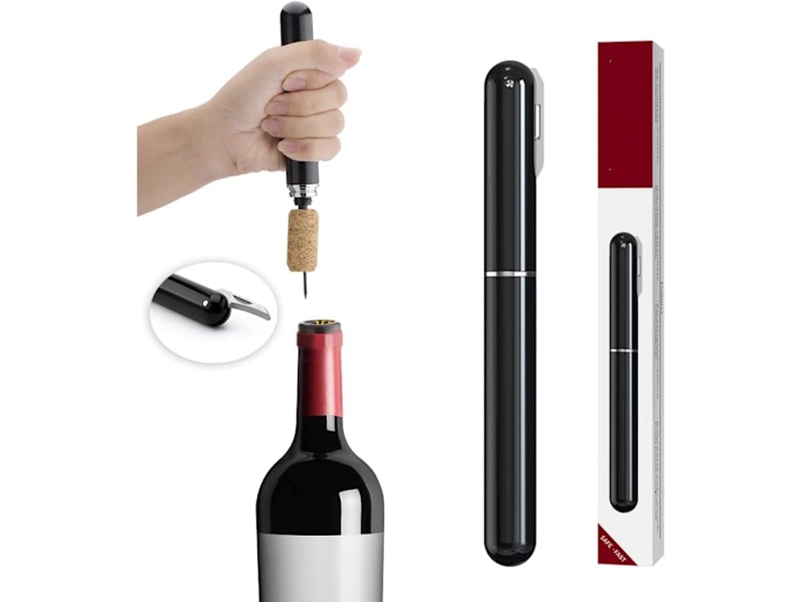 Abridor De Vinhos A Ar Comprimido Com Cortador De Lacre - Abra Garrafas Facilmente E Preserve As Rolhas. Fácil De Usar. Preto.
