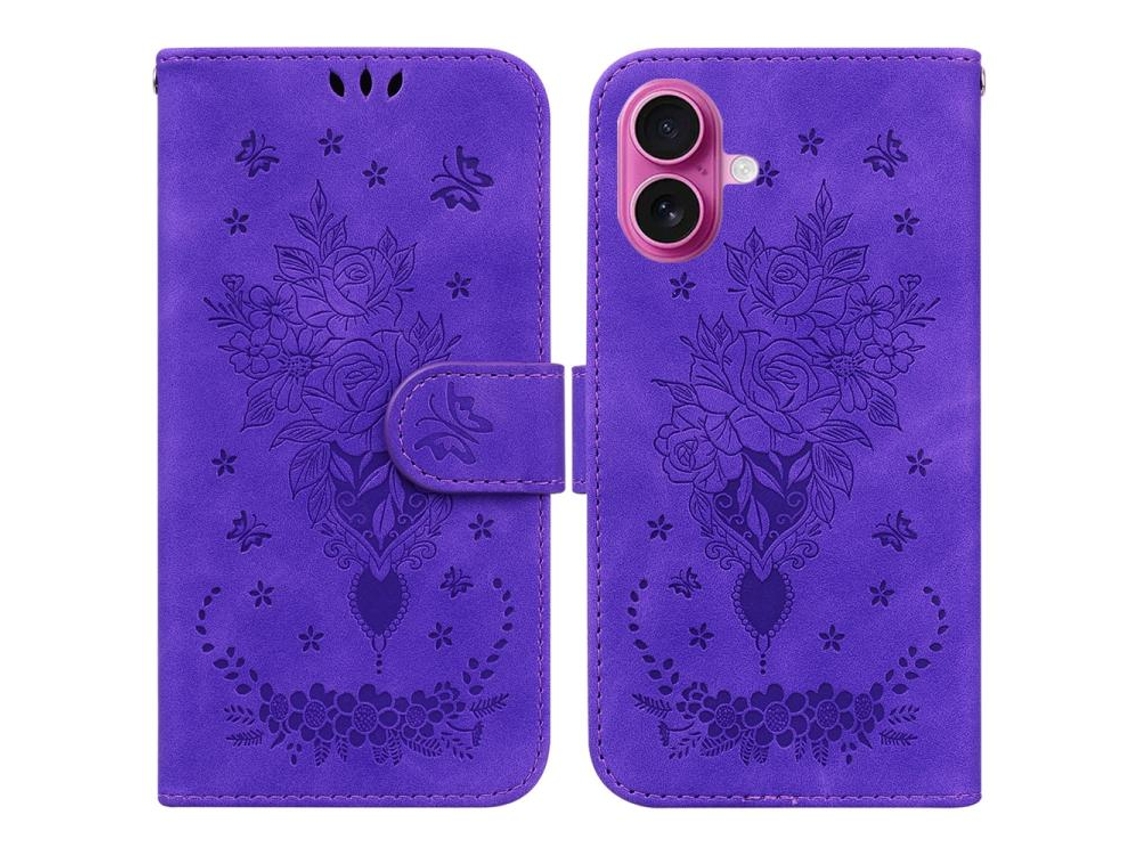 Capa Para Iphone 17 Em Couro Com Estampa De Borboleta E Rosa.