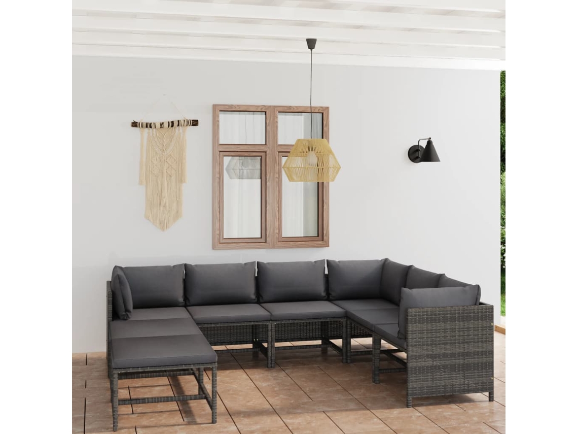 8 Pcs Conjunto Lounge De Jardim C/ Almofadões Vime Pe Cinzento Dkd Home Decor