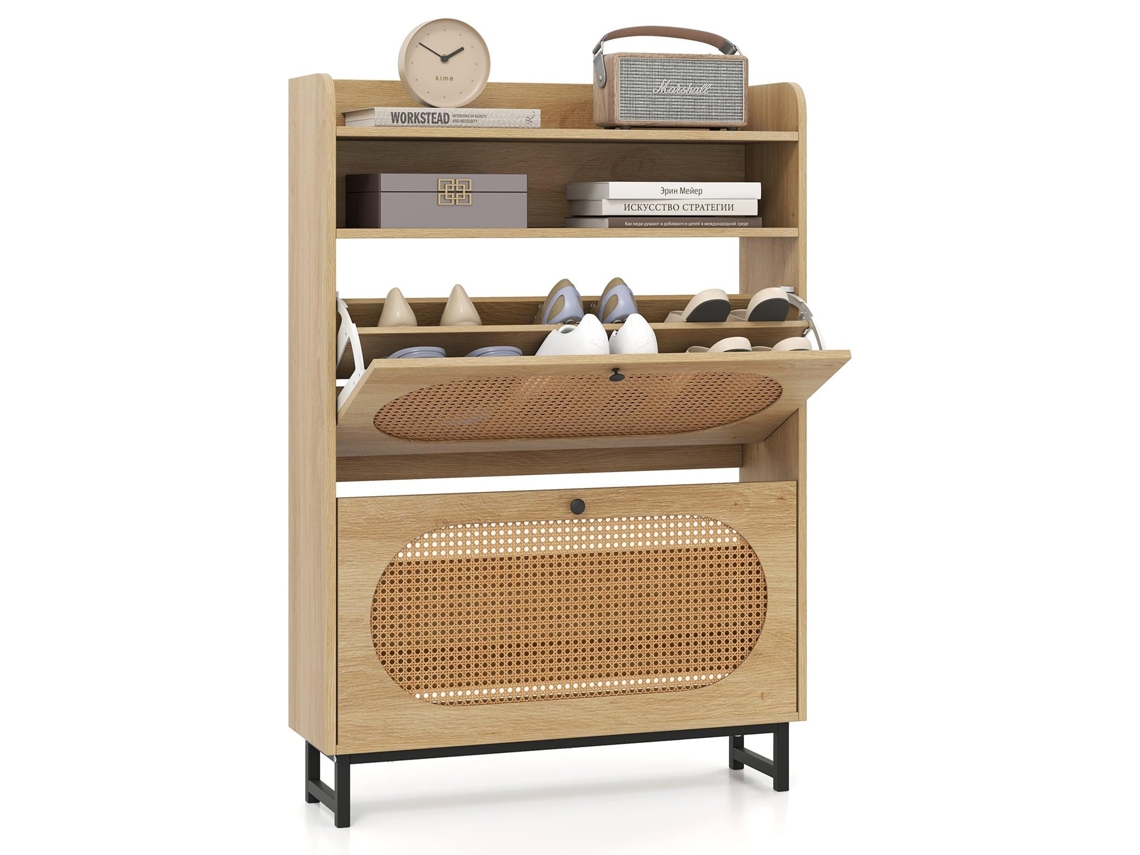 Sapateira Com 2 Gavetas Basculantes E Portas De Rattan