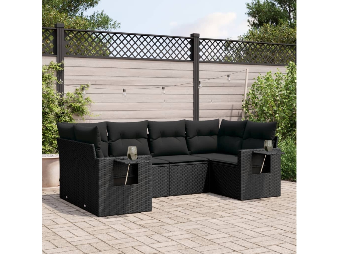 Jogo de Sofá Jardim 6 Peças C/ Almofadões Vime Pe Preto Dkd Home Decor