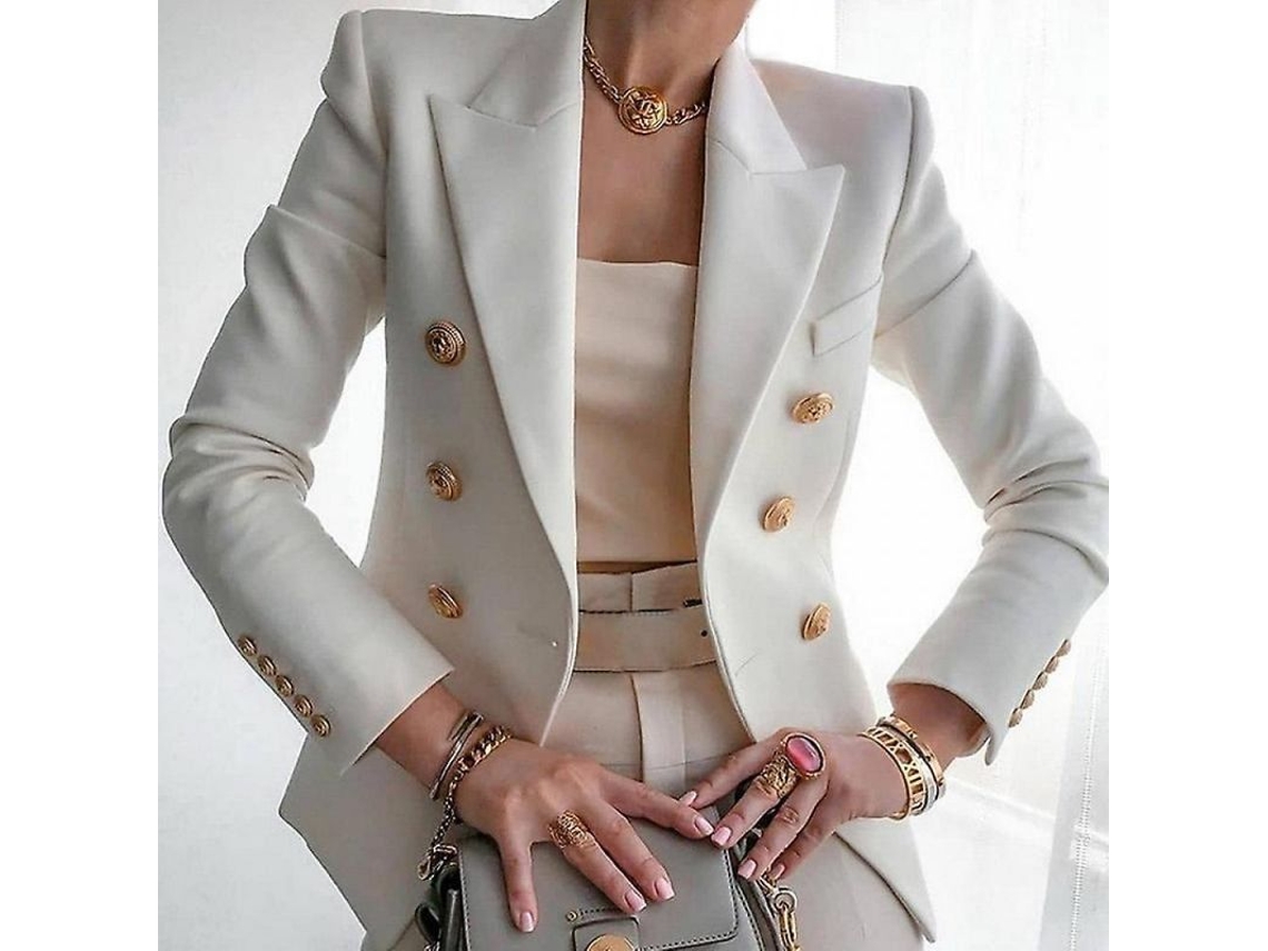 2026 chaqueta Formal Mujer Blazer para Oficina Talla S 3xl Poliéster Doble Botón Manga Larga S Blanco