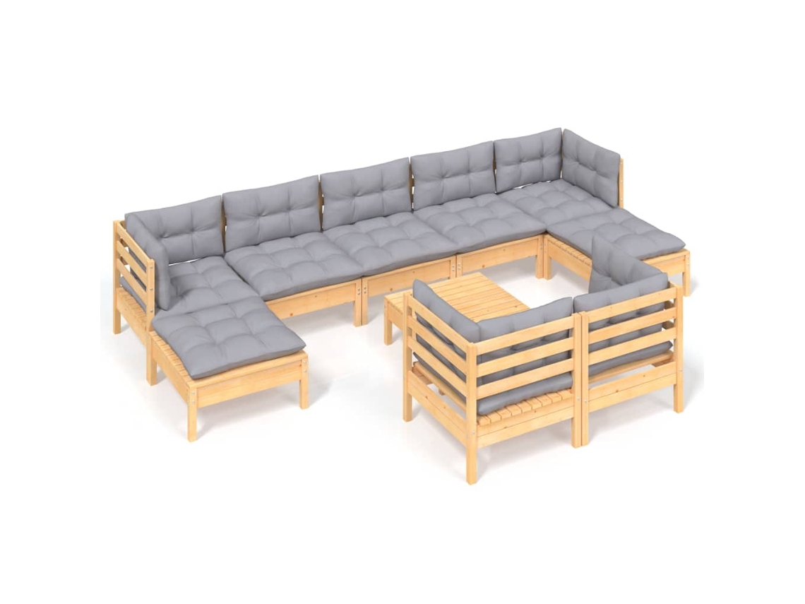 Conjunto de 10 Lounge de Jardim com Almofadões Cinza Pinho Maciço MAISON EXCLUSIVE