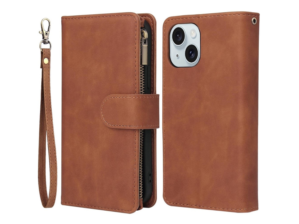 Capa Para Iphone 15 Pele Sintética Com Porta-cartões Castanho