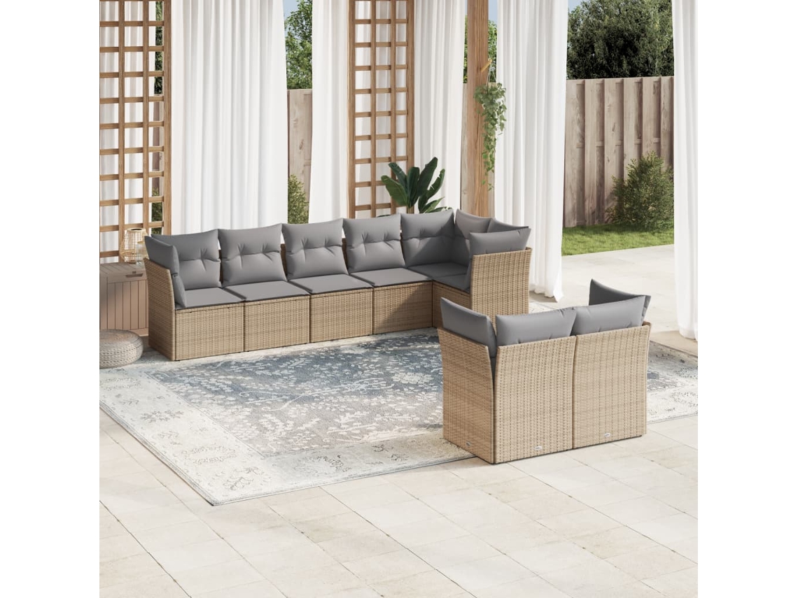 Vidaxl 8 Pcs Conjunto De Sofás P/ Jardim Com Almofadões Vime Pe Bege