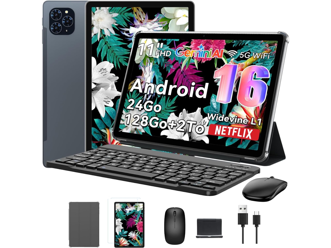 Tablet T90 Android 16 11'' 24GB RAM 128 GB ROM-SD 2 TB 8000 Mah Gemini AI, com Teclado, Capa, Stcylet, Rato