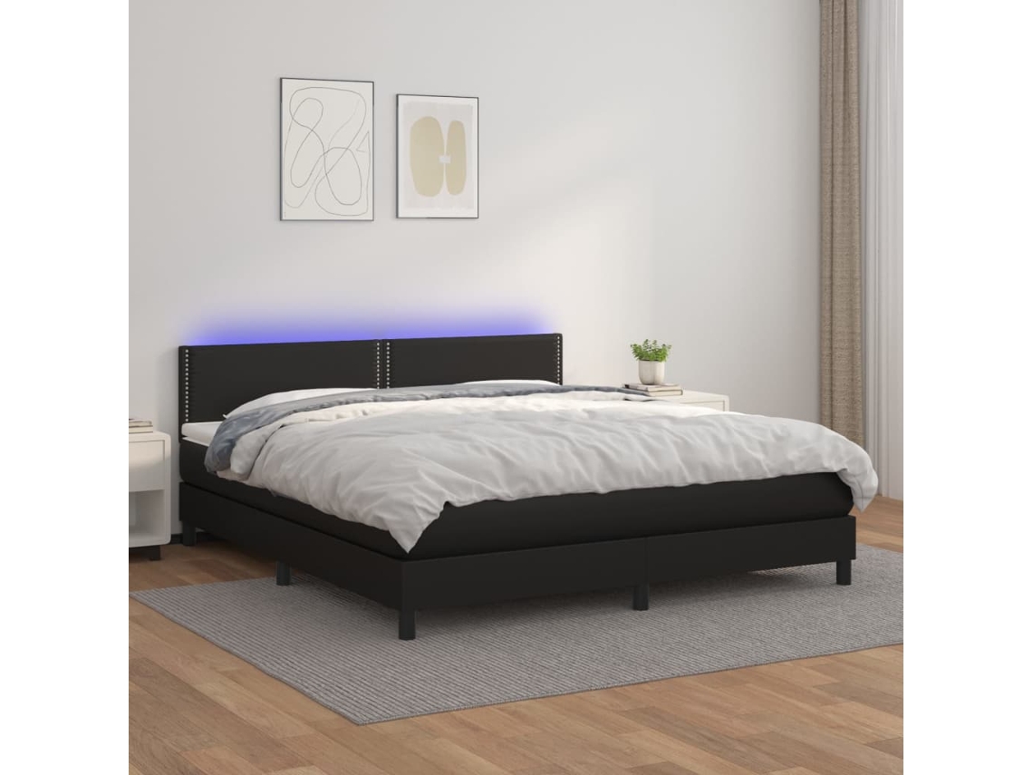 Vidaxl Cama Box Spring C/ Colchão/led 180x200cm Couro Artificial Preto