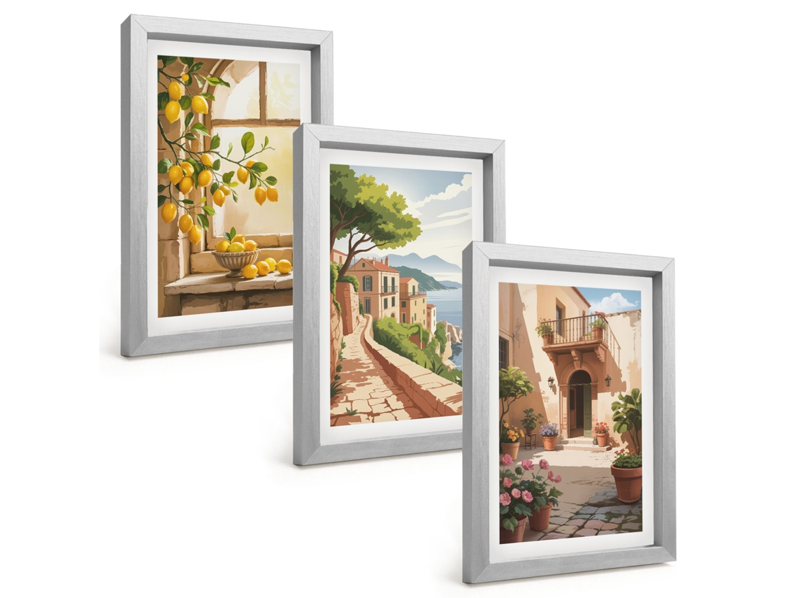 Quadros Decorativos Para Paredefrutas Cítricas Na Cozinha, Mar, Cidade Moldura Prateada Quadros Para O Escritório Espelharte (3 Peças 20x30 Cm)