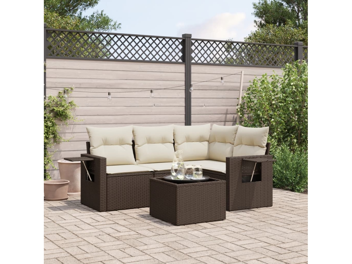 Vidaxl 5 Pcs Conjunto Sofás P/ Jardim C/ Almofadões Vime Pe Castanho