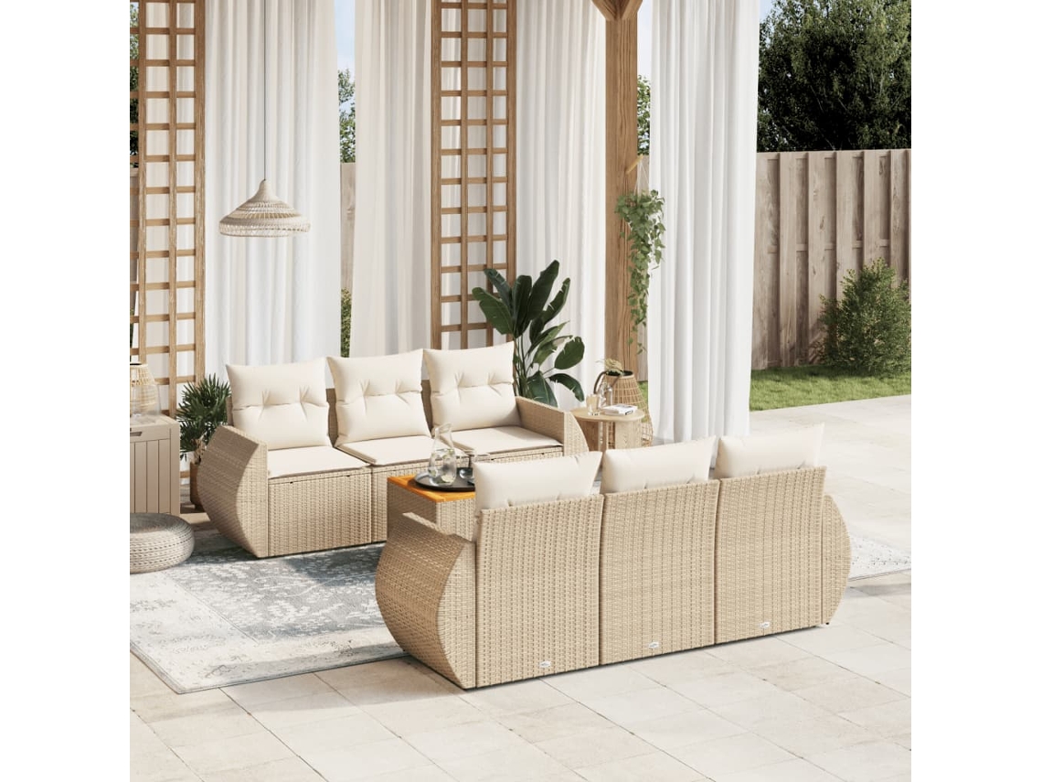 Vidaxl 7 Pcs Conjunto De Sofás P/ Jardim Com Almofadões Vime Pe Bege