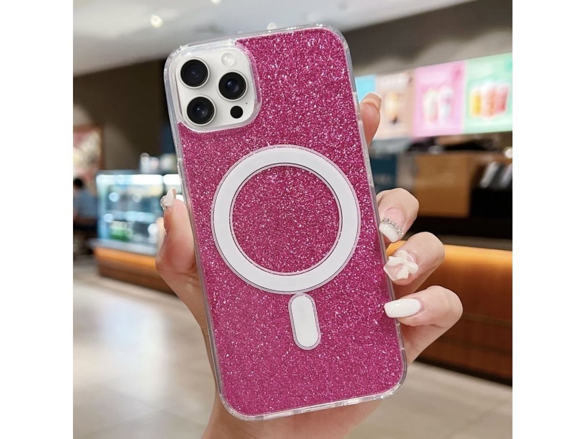 Capa Transparente Com Glitter Para Iphone 12 Pro Max - Acrílico - Magsafe - Vermelho Rosado