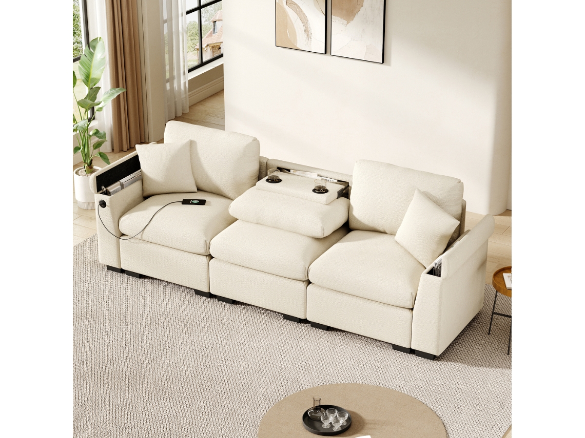 Sofá De 3 Lugares, Em Chenille, Multifuncional Com Mesa Dobrável E Porta Usb, Bege.