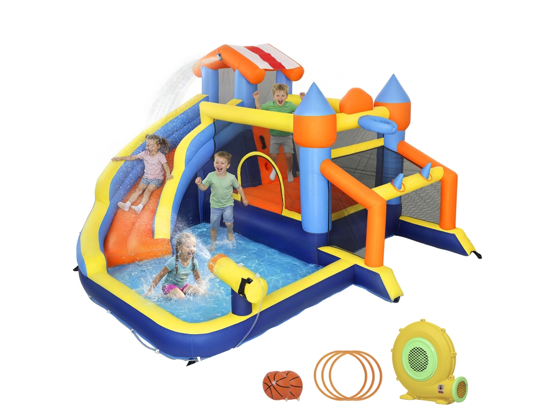 Castelo aquático inflável 8 em 1 com soprador de 550 W, escorregador, trampolim, parede de escalada, piscina, gol de gol, cesta de basquete e máquina de arremesso.