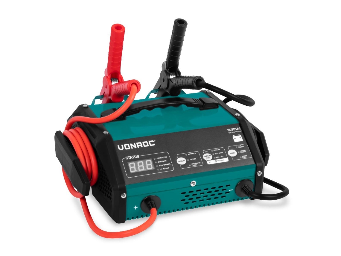 Carregador VONROC de Baterias Com Auxiliar de Partida 15A Para Baterias de 6V Ou 12V