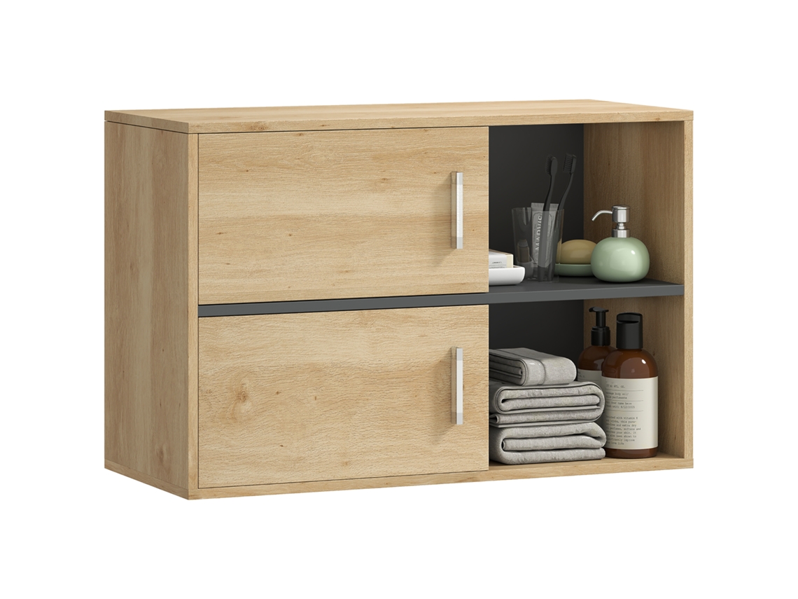 Armário de Banheiro Montado na Parede com Compartimentos Abertos e 2 Portas, 80x35x57,5 Cm Natural S/MARCA
