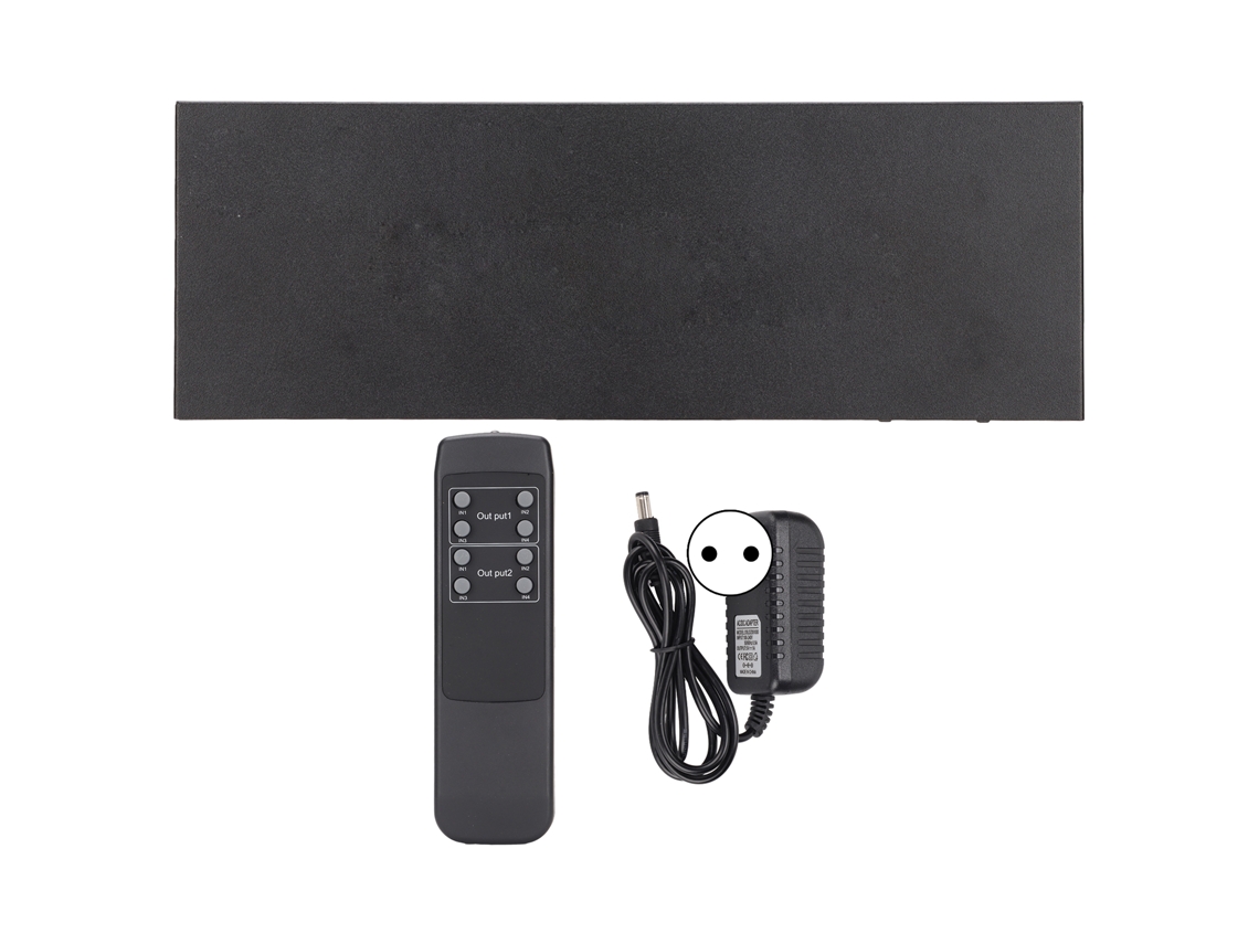 Divisor/conmutador multimedia HDMI com interface 4x2, compatível com 4K, 2K, 3D e 1080p, com controle remoto e adaptador de corrente